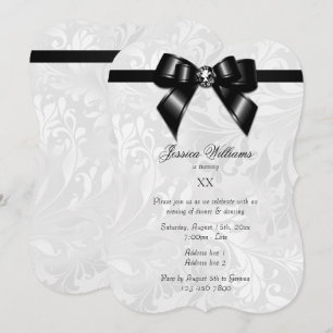 Diamond Black Bow, Ribbon & Damask Birthday Party Invitation