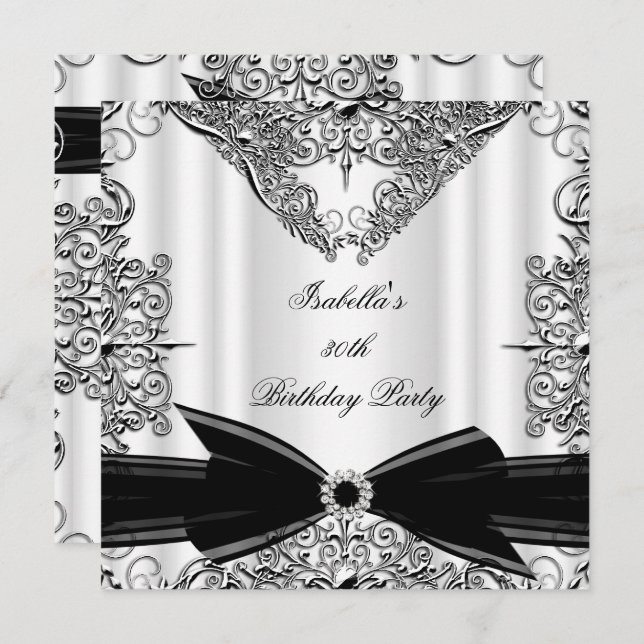 Diamond Black Bow Silver Birthday Party Invitation (Front/Back)