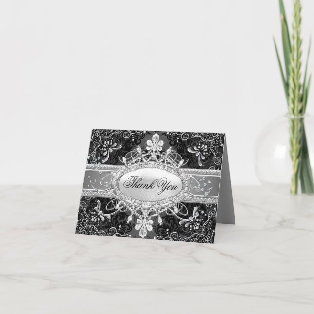 Diamond & Black Damask Thank You Card (Front)