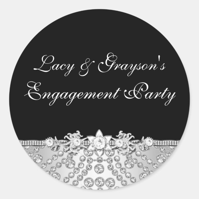 Diamond Black & Silver Engagement Party Sticker (Front)