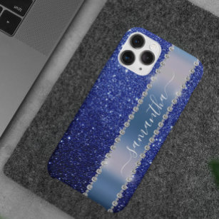 Diamond Bling Glitter Calligraphy Name Navy Blue iPhone 15 Mini Case