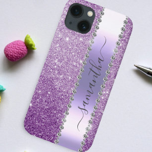 Diamond Bling Glitter Calligraphy Name Purple  iPhone 15 Pro Case