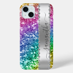 Diamond Bling Glitter Calligraphy Name Rainbow  iPhone 15 Mini Case