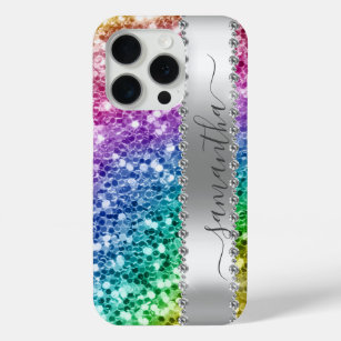 Diamond Bling Glitter Calligraphy Name Rainbow  iPhone 15 Pro Case