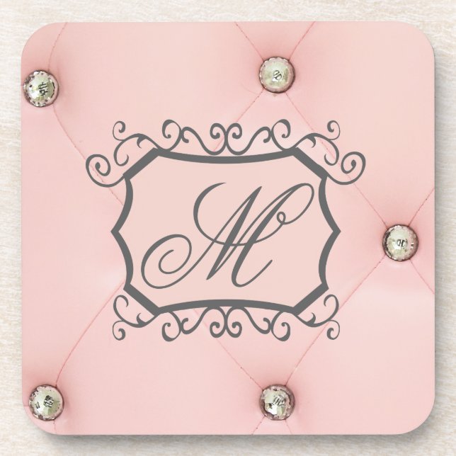 Diamond Bling Pink Tufted Monogram Drink Coaster (Front)