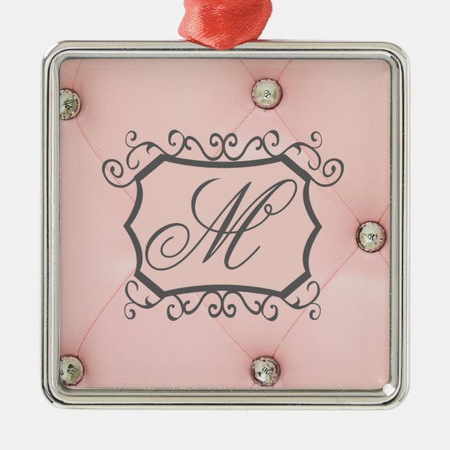 Diamond Bling Pink Tufted Monogram Ornament (Front)