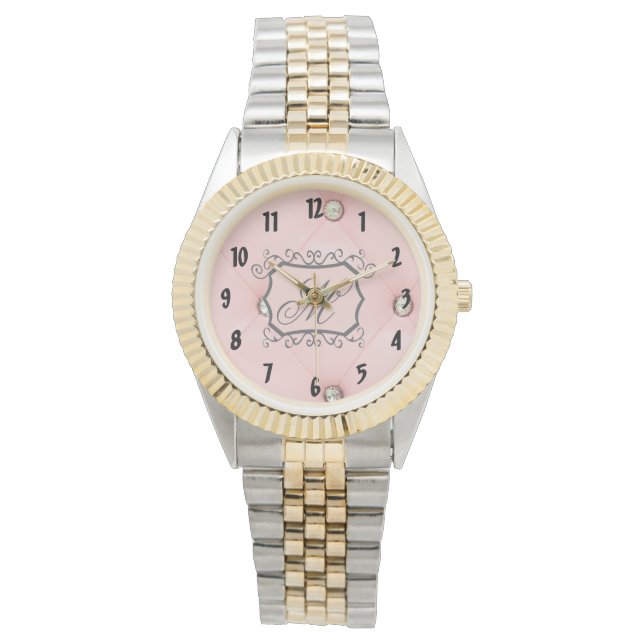 Diamond Bling Pink Tufted Monogram Wrist Watch (Front)