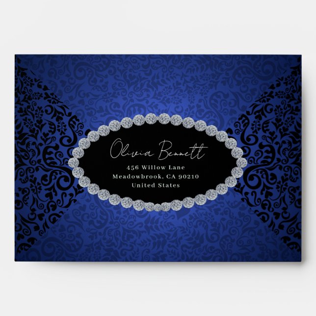 Diamond Blue Elegant Dark Damask Pattern Envelope (Front)