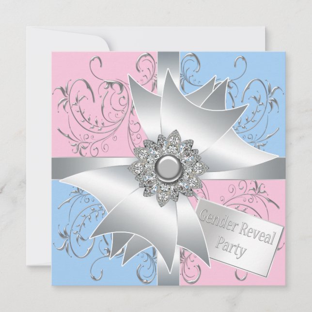Diamond Bow Elegant Pink Blue Gender Reveal Party Invitation (Front)