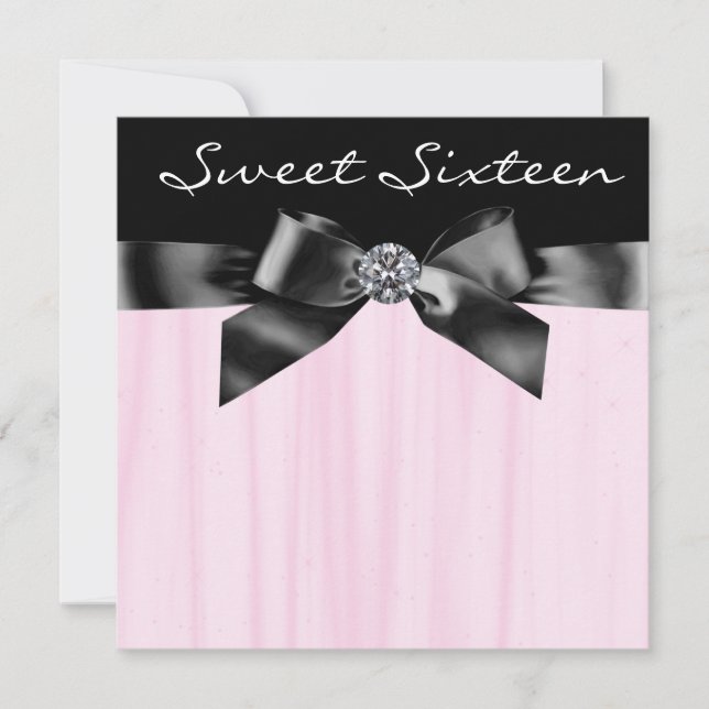 Diamond Bow Pink Black Sweet Sixteen Birthday Part Invitation (Front)