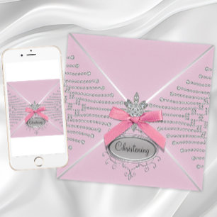 Diamond Bow Pink Christening Invitation