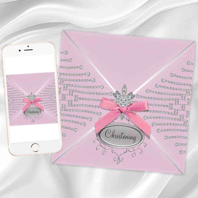 Diamond Bow Pink Christening Invitation (Girl pink christening and baptism invitation. Digital download and printed invitations available.)
