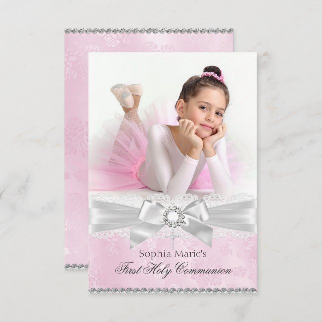 Diamond Bow Pink Photo First Holy Communion Invitation (Front/Back)