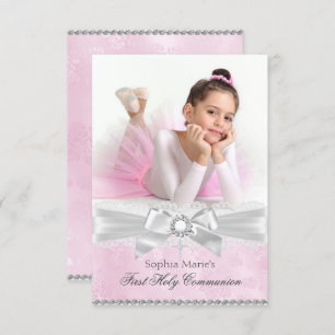 Diamond Bow Pink Photo First Holy Communion Invitation