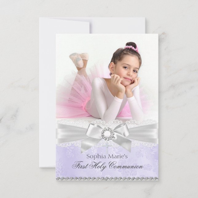 Diamond Bow Purple Photo First Holy Communion Invitation (Front)