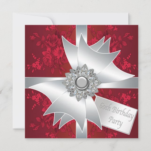 Diamond Bow Womans Red Rose 60th Birthday Party Invitation (Front)