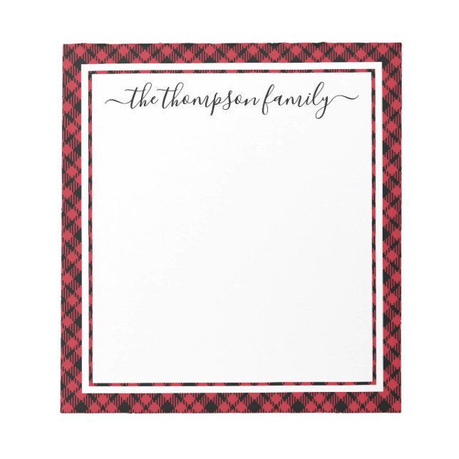 Diamond Buffalo Plaid Script Family Name Notepad (Front)