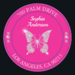 Diamond Butterfly, Fuchsia, Name & Return Address Classic Round Sticker<br><div class="desc">Personalise this diamond butterfly return address sticker with your name and address on fuchsia background and blue circles with white and grey text.</div>