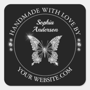 Diamond Butterfly, Handmade With Love, Black Square Sticker