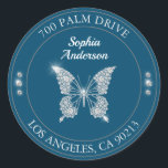 Diamond Butterfly Ocean Blue Name & Return Address Classic Round Sticker<br><div class="desc">Personalise this diamond butterfly return address sticker with your name and address on ocean blue background and grey circles with white and grey text.</div>