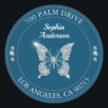Diamond Butterfly Ocean Blue Name & Return Address Classic Round Sticker<br><div class="desc">Personalise this diamond butterfly return address sticker with your name and address on ocean blue background and grey circles with white and grey text.</div>