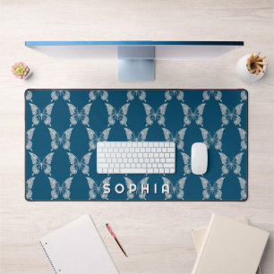 Diamond Butterfly Pattern, Bold Name on Ocean Blue Desk Mat