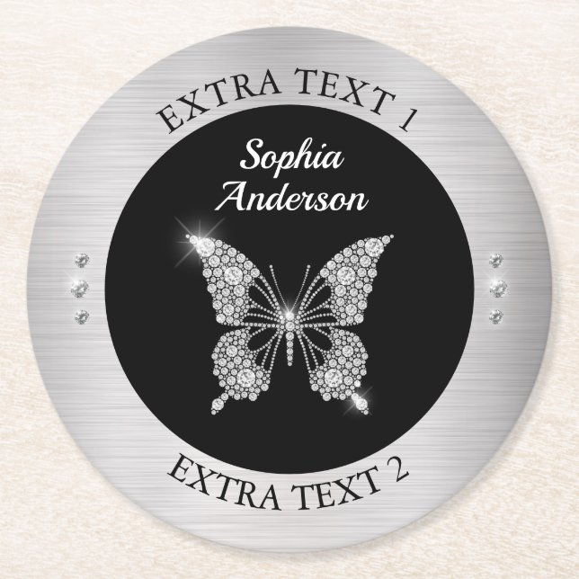 Diamond Butterfly, Silver Metal, Name/Info, Black Round Paper Coaster (Front)