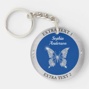 Diamond Butterfly Silver Metal Name/Info Deep Blue Key Ring