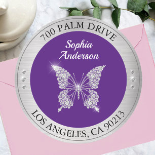 Diamond Butterfly, Silver Metal Return Address Classic Round Sticker