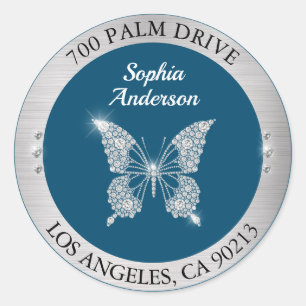 Diamond Butterfly Silver Return Address Ocean Blue Classic Round Sticker