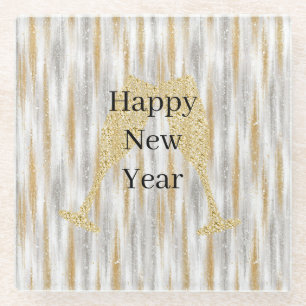 Diamond Champagne Glass Happy New Year Silver Gold Glass Coaster