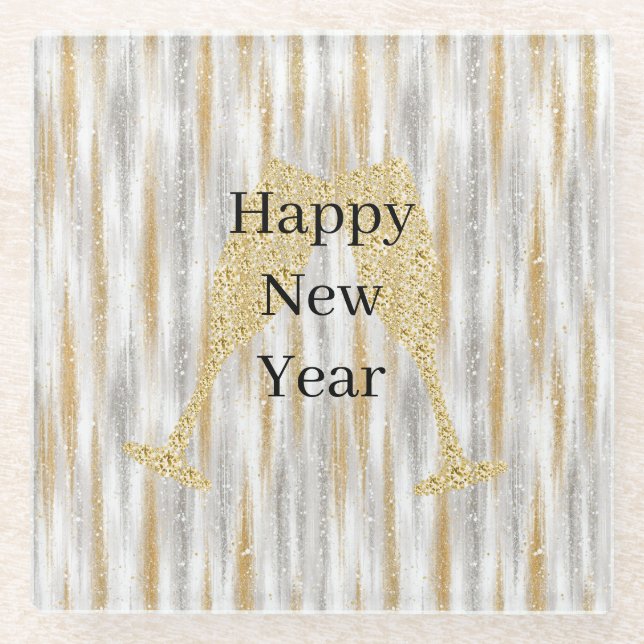 Diamond Champagne Glass Happy New Year Silver Gold Glass Coaster (Front)