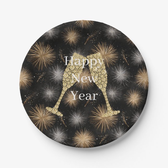 Diamond Champagne Happy New Year Black Fireworks Paper Plate (Front)