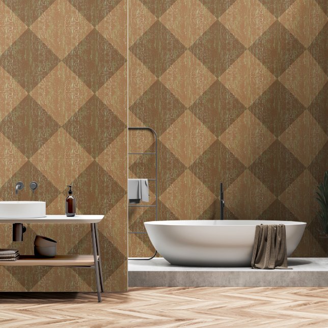 Diamond Check Crackle Texture Orange Brown Wallpaper (Bathroom)