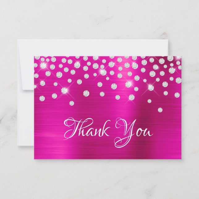Diamond Confetti Bright Hot Pink Satin Ombre Foil Thank You Card (Front)