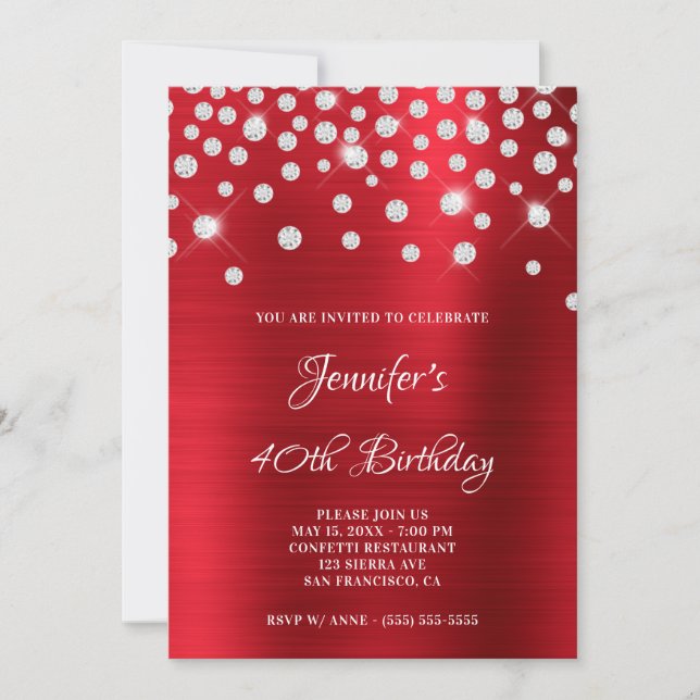 Diamond Confetti Bright Red Satin Foil Ombre Invitation (Front)