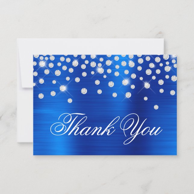 Diamond Confetti Royal Blue Satin Ombre Foil Thank You Card (Front)