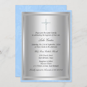 Diamond Cross Blue Baptism/Christening Invitation