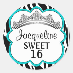 Diamond Crown Zebra Turquois Classic Round Sticker