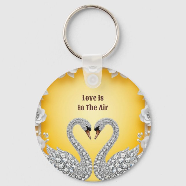 Diamond Crystal Swans Romantic Warm Scene Key Ring (Front)