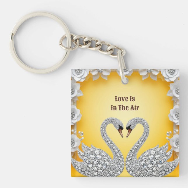Diamond Crystal Swans Romantic Warm Scene Key Ring (Front)