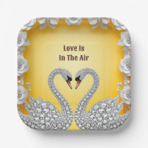 Diamond Crystal Swans Romantic Warm Scene Paper Plate