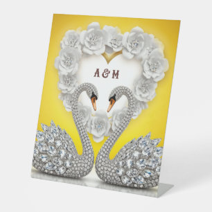 Diamond Crystal Swans Romantic Warm Scene Pedestal Sign