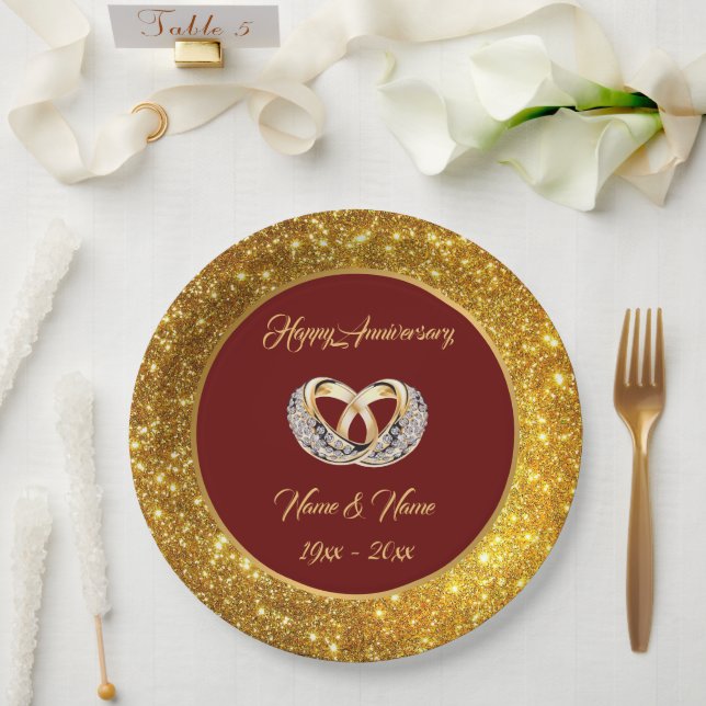Diamond Customise  Wedding Rings Gold Anniversary Paper Plate (Wedding)