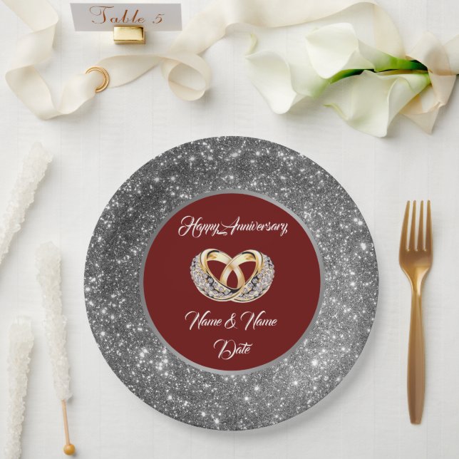 Diamond Customise Wedding Rings Silver Anniversary Paper Plate (Wedding)