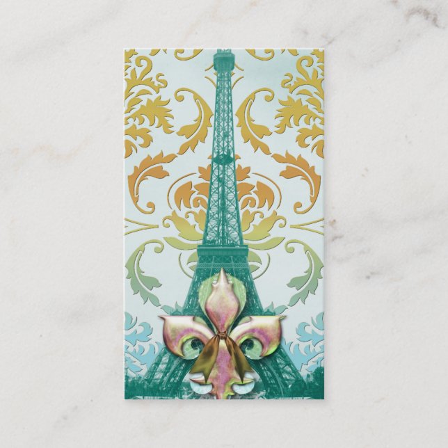 Diamond Damask, EIFFEL TOWER in GOLD and TEAL Business Card (Front)