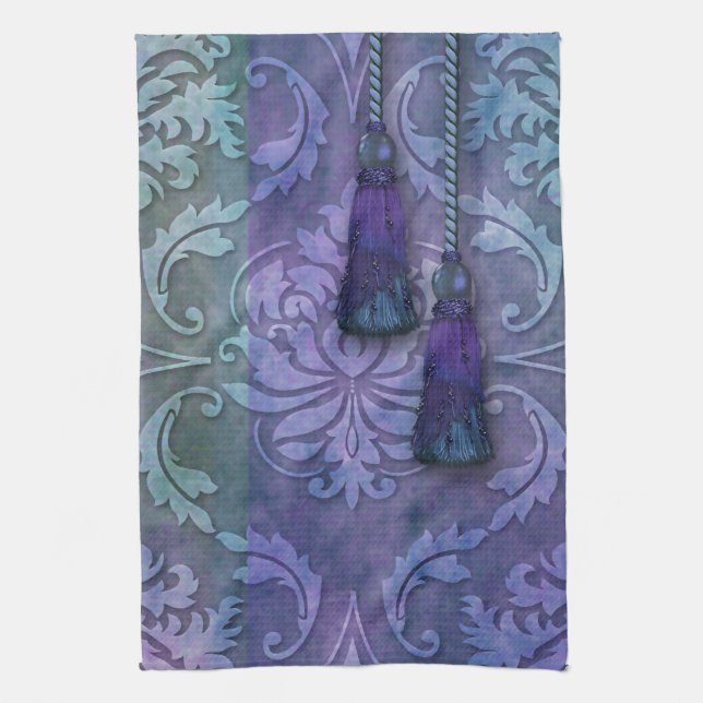 Diamond Damask, MOROCCO in Teal and Purple Tea Towel (Vertical)