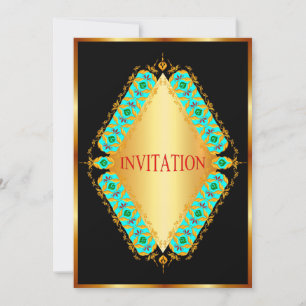 Diamond design blue and gold in black invitation