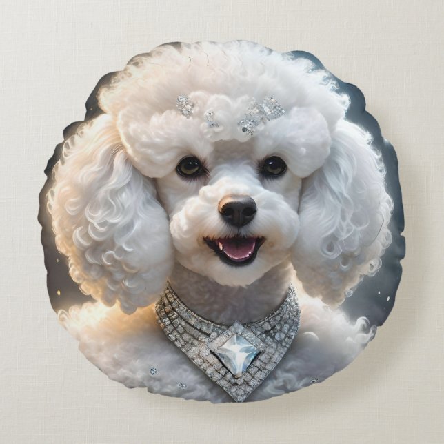 "Diamond Diva: The Glamorous Poodle in Sparkle" Round Cushion (Front)