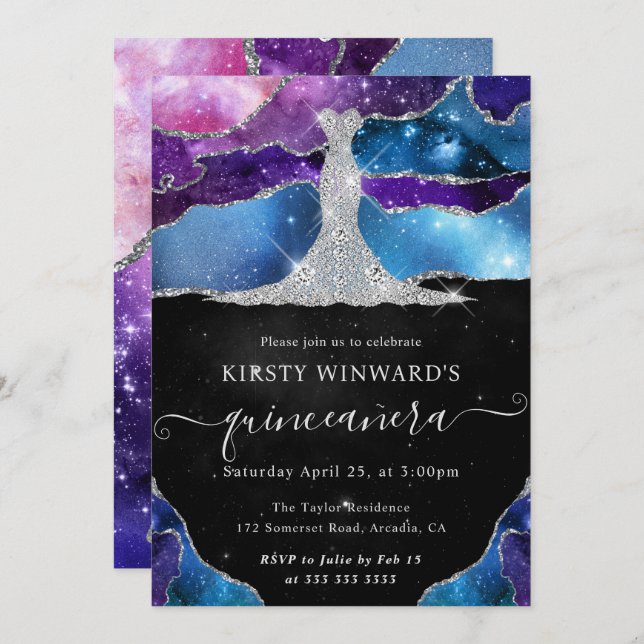 Diamond Dress and Galaxy Agate Quinceanera Invitation (Front/Back)